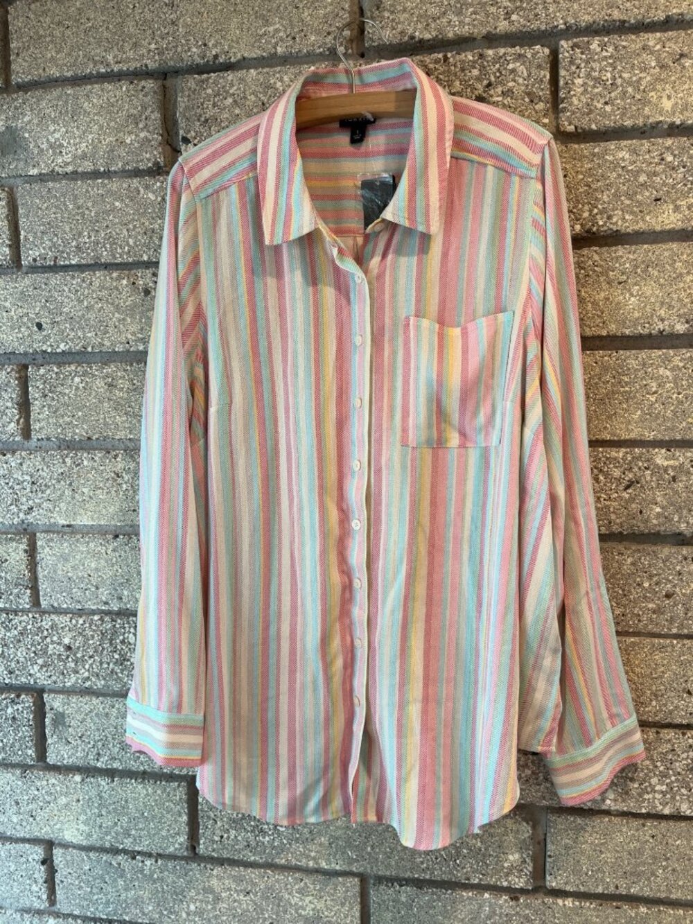Lizzie Crinkle Gauze Button-Up Striped Shirt 1X Sunny Stripe Dew Lightweight Lon